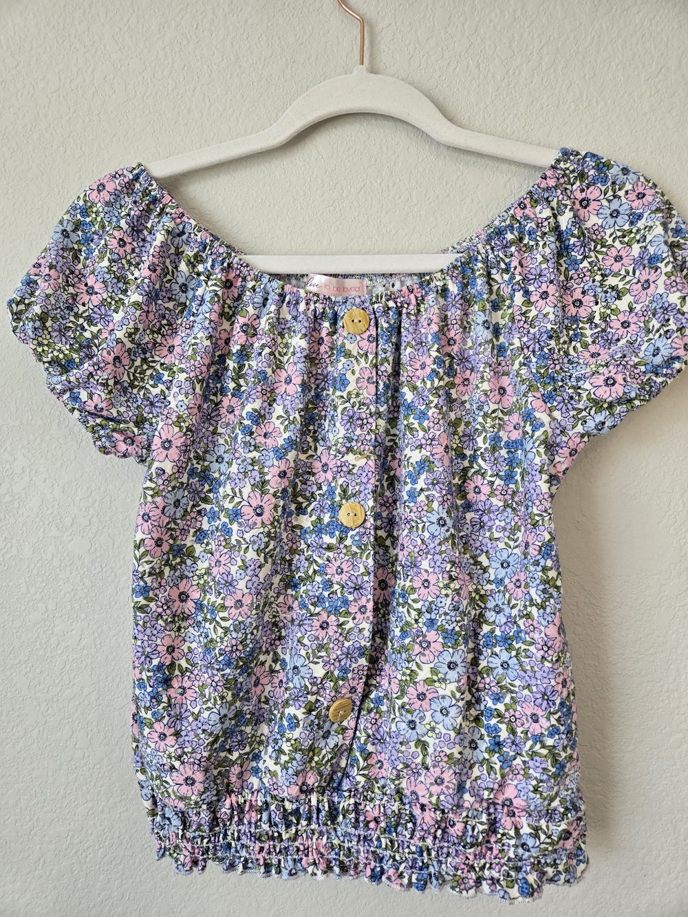 Love To Be Loved Floral Off-Shoulder Button Front Top in Pink & Blue Size Medium